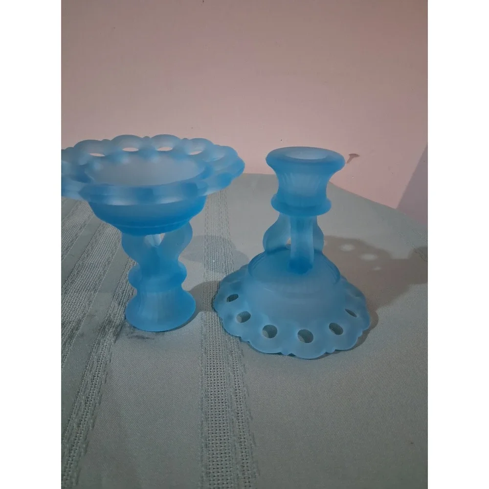 Vintage Fenton Blue Satin Glass Open Lace Eyelet Edge Candlestick Holders Set 2